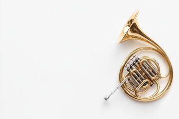 A stunning close-up of a golden French horn, highlighting its intricate design and craftsmanship. Perfect for music enthusiasts and lovers of brass instruments.