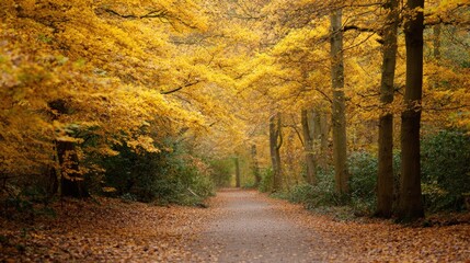 Fototapeta premium Scenic autumn pathway surrounded by vibrant yellow foliage and tall trees, inviting exploration through a tranquil forest landscape with fallen leaves