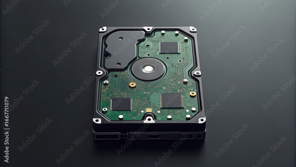 Poster exposed internal circuits of a data storage drive in close-up view