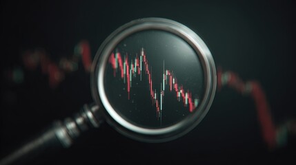 cinematic POV through a magnifying glass, focused on a digital monitor screen displaying dynamic stock market graphs with red and green candlestick