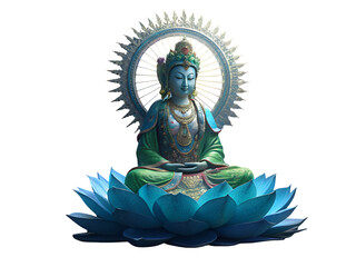 Fototapeta premium Serene goddess seated on blue lotus with radiant halo isolated on a transparent background