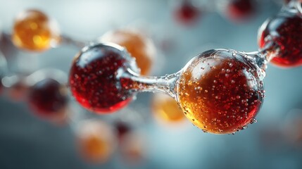 Interconnected molecular structure with vibrant colored spheres and droplets