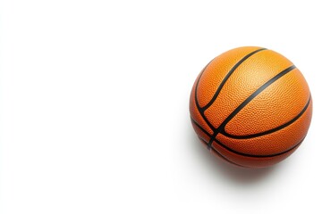 Fototapeta premium A vibrant orange basketball rests on a white background, showcasing its textured surface and prominent black seams. Perfect for sports-themed projects and designs.