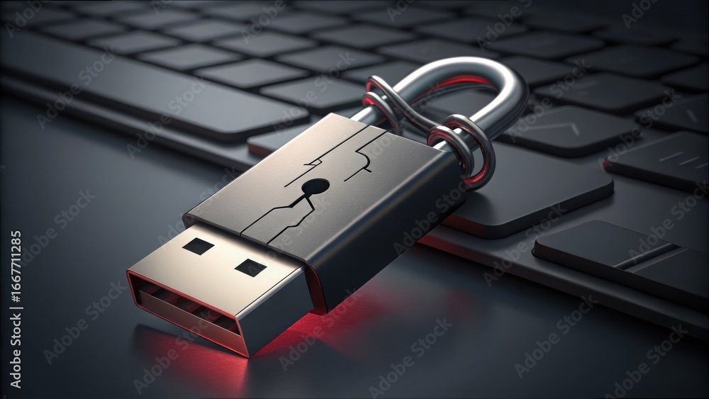 Poster cracked usb drive with padlock on keyboard for secure data transfer
