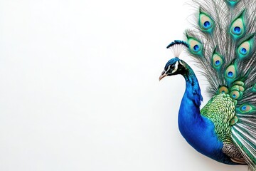 A vibrant peacock displaying its colorful feathers against a clean, white background, showcasing the beauty and elegance of nature's artistry in an eye-catching manner.