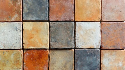 Obraz premium Terracotta texture pattern natural clay tiles seamless background handcrafted ceramic surface weathered rustic earth tones orange brown aged patina