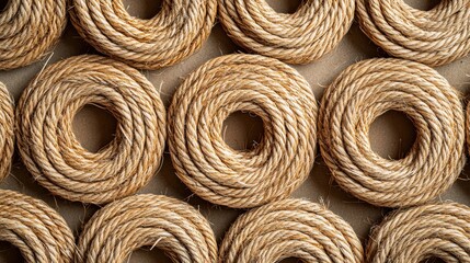 Obraz premium Manila hemp rope coils arranged in organized circular patterns natural abaca fiber texture background for sustainable eco-friendly design projects