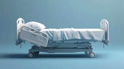 Hospital bed setup with clean white sheets and pillow against blue backdrop
