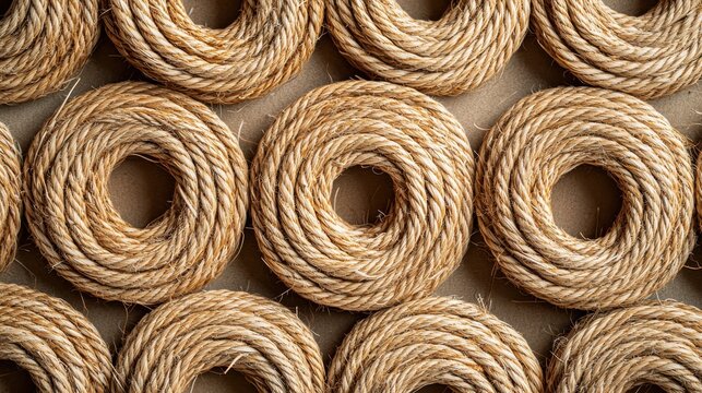 Manila hemp rope coils arranged in organized circular patterns natural abaca fiber texture background for sustainable eco-friendly design projects