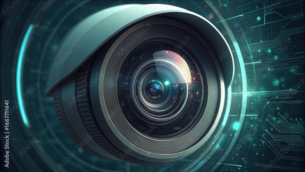 Poster high-tech security camera lens with digital circuit background
