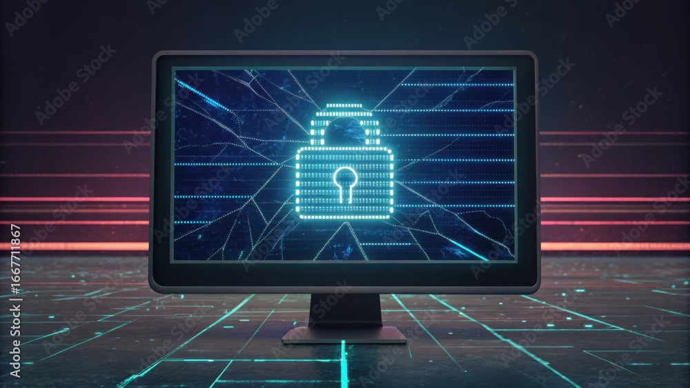 Poster digital screen displaying lock icon with glitch effects and noise