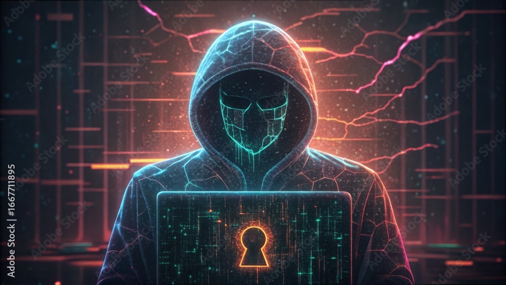 Poster mysterious hacker with glitchy background and digital lock on screen