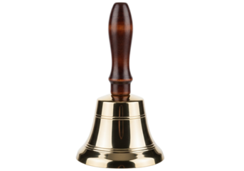 Brass hand bell with wooden handle isolated on transparent background