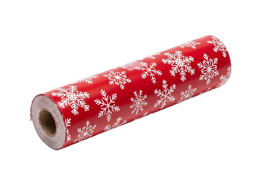 Red wrapping paper with snowflakes isolated on transparent background