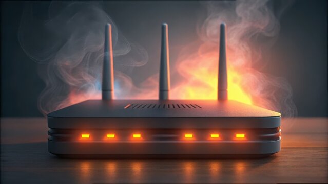 Wireless Router Overheating with Visible Smoke and Warning Lights
