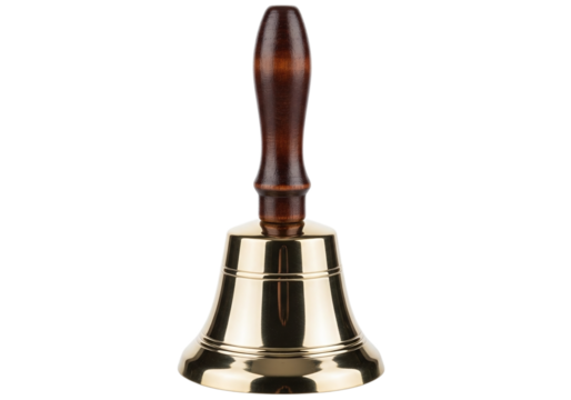 Brass hand bell with wooden handle isolated on transparent background