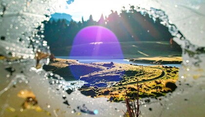 Frozen River Landscape with Sunlit Mountains and Soft Focus