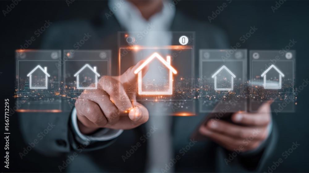 Poster Man in formal suit using touchscreen interface with smart home icons on transparent digital display