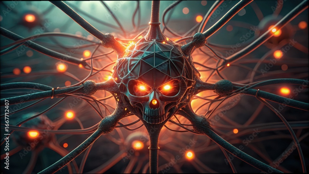 Poster intricate neural network with tangled wires and glowing elements