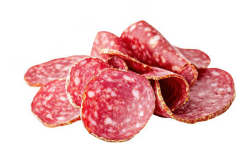 Delicious salami slices pile food photography, cured meat, appetizer, charcuterie, deli meat, sausage, gourmet, isolated on transparent background