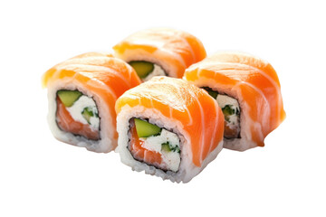 Delicious salmon sushi rolls with cream cheese, cucumber, and rice - japanese cuisine food photography isolated on transparent background