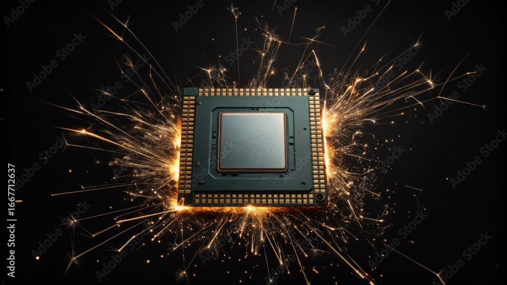 Poster high-tech data chip with sparks flying in a cyber environment