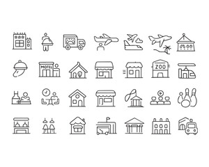 Set of outline icons related to hospitality industry. Linear icon collection