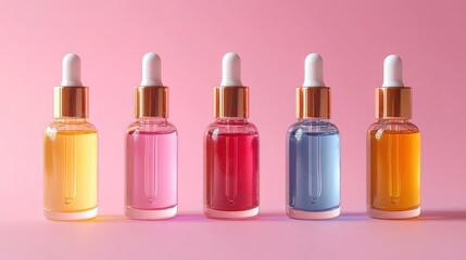 Chromatic vials: a vibrant assortment of skincare solutions on pastel backdrop
