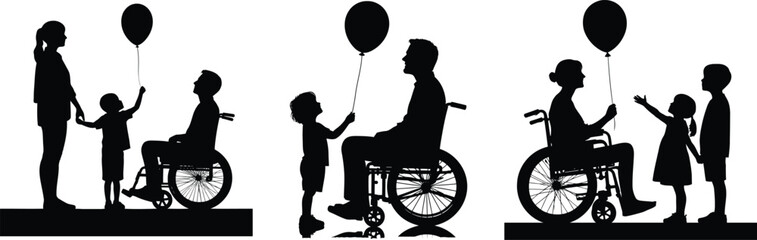 Family bonding silhouette including wheelchair user and children enjoying balloons 