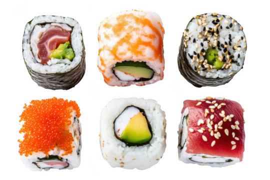 Delicious assorted sushi rolls with tuna, avocado, and tobiko roe - japanese cuisine food photography isolated on transparent background