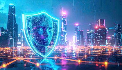 Futuristic Digital Shield Protecting User Identity in a Vibrant Cityscape