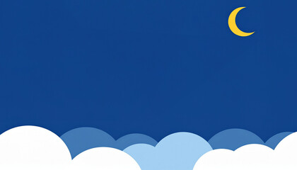 Serene minimalist night sky illustration featuring a soft crescent moon shining brightly above layered, fluffy cartoon clouds, perfect for a peaceful evening theme or lullaby backdrop
