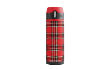 Red plaid insulated thermos bottle isolated on transparent background