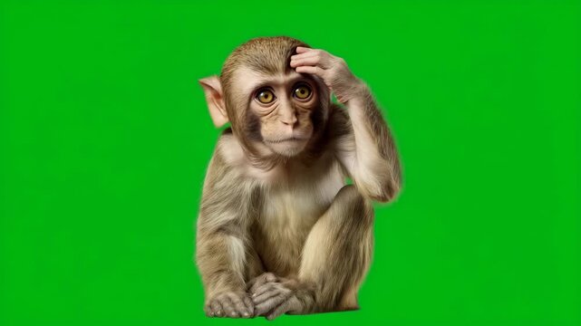 Cute monkey touching head on green background