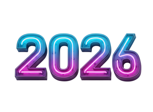 Metallic blue and purple gradient numbers 2026 isolated on transparent background