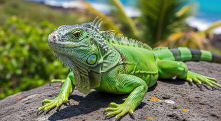 Fototapeta premium Green Iguana Close-Up Portrait on Rocky Shore with Tropical Background