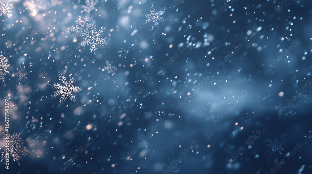 Poster snowflakes gently falling in a serene winter atmosphere with soft blue background and bokeh effect
