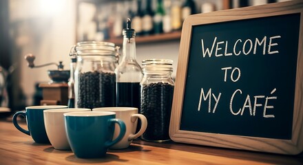 Inviting cafe scene with "welcome to my cafe" chalkboard and coffee cups ready for service