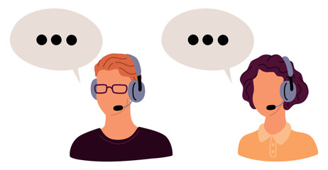 Male and female avatar of call center or customer service. Support worker face. Helpdesk assistance. Man and woman with headphones. Dialog speech bubbles. Vector hotline assistants set