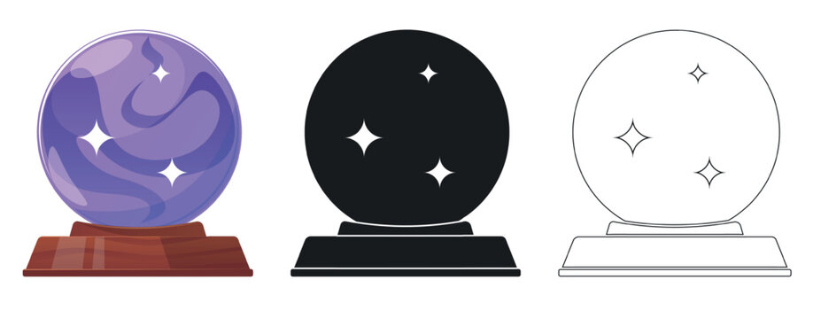Magic ball for divination. Line or silhouette fortunetelling isolated symbols. Oracle glass spheres. Future prediction. Gypsy or witch globes. Vector set of different types of icons