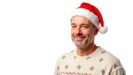 Portrait of Caucasian Man with Santa Hat Isolated on White Background