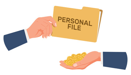 Hand of coins buys folder of personal information. Selling classified info or dossier on competitor. Cyber hacking. Confidential data phishing. Document folder. Money pay. Vector concept