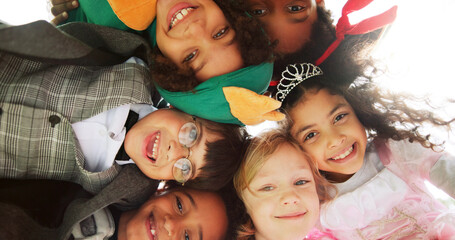 Below, portrait and children with costumes outdoor for Halloween party, celebration and bonding....