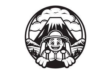 Cheerful Cartoon Hiker With Mountain View in Oval on White Background
