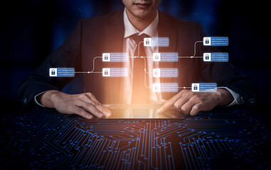 Blockchain structure showing distributed data blocks linked with encryption, representing secure...