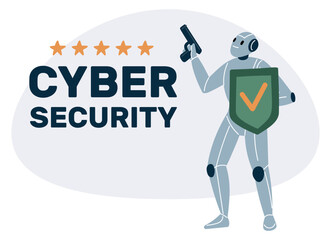 Armed robot with shield. Cyber security and electronic defense. AI technologies. Artificial intelligence for network protection. Android with gun protecting software. Vector concept