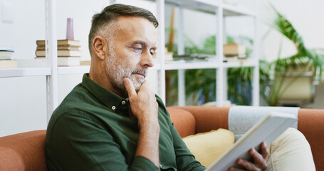 Tablet, thinking and sofa with business man in office for project checklist, event manager and reflection. Program schedule, planning and email guest list with mature person for idea and vision