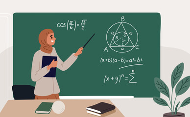 Arab woman teacher in Muslim national dress stands with pointer near blackboard. Professor at chalkboard. School classroom. Mathematics education. Islamic female teaching. Vector concept