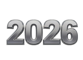 Silver metallic 3d numbers 2026 isolated on transparent background