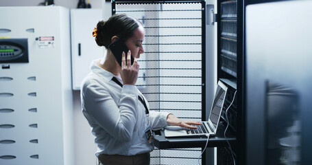 Server room, laptop or woman with phone call for hardware maintenance, cybersecurity or glitch. Network error, data center or engineer on mobile conversation for IT support, typing or electronic tech